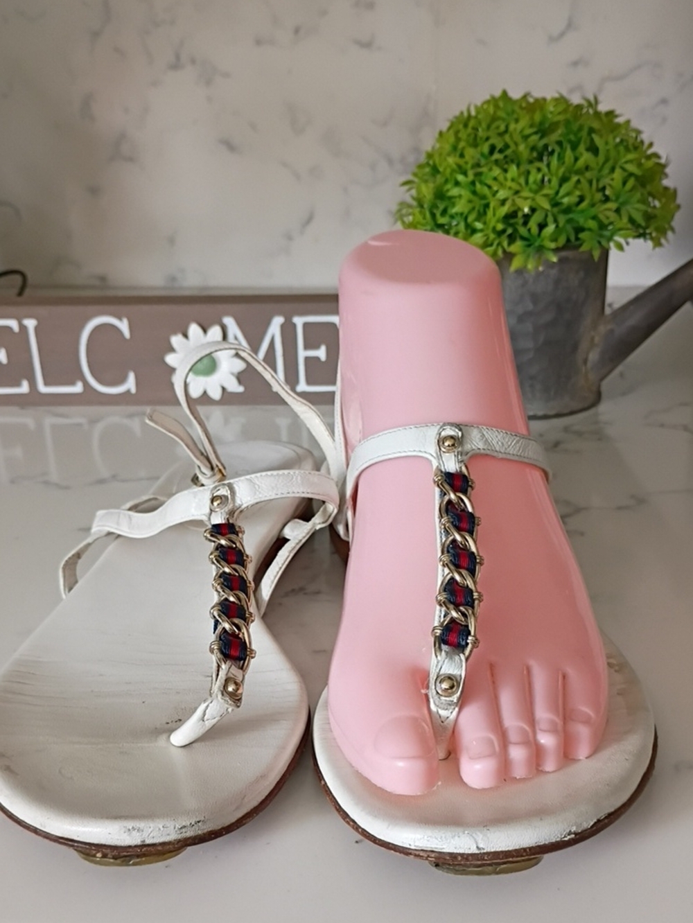 Gucci Women’s White T-Strap Chain Detail Sandals Women's